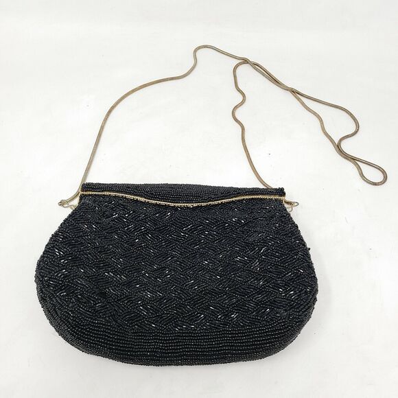 VINTAGE Carla Marchi Black Fully Beaded Clutch Evening Bag Gold Chain Gorgeous - Picture 1 of 8